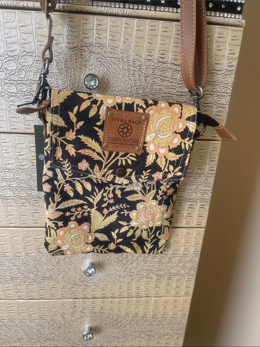 Myra Bag Black Floral Crossbody with Tan Strap